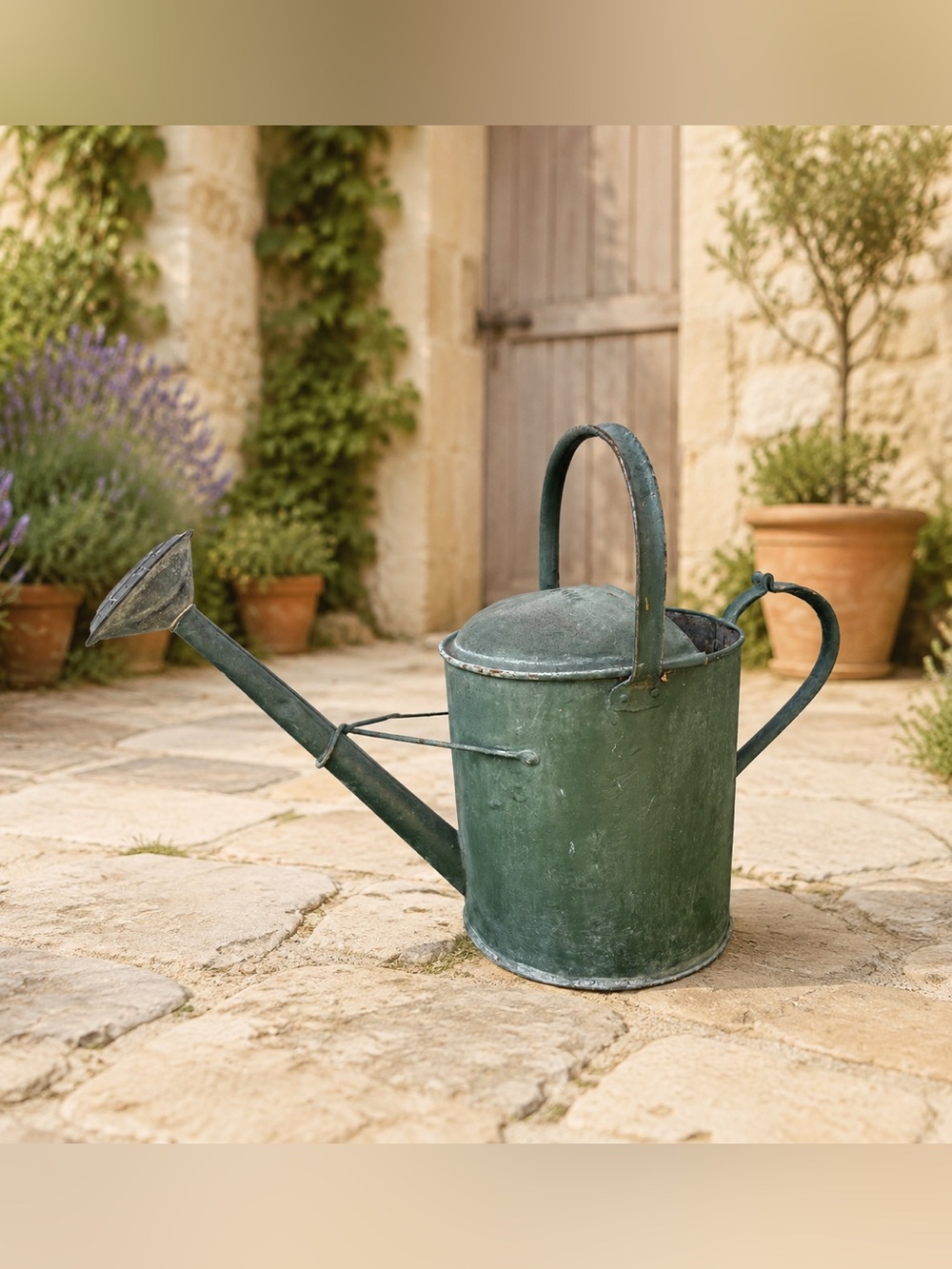 Vintage Green Galvanized Metal Watering Can with Removable Rose Garden Decor